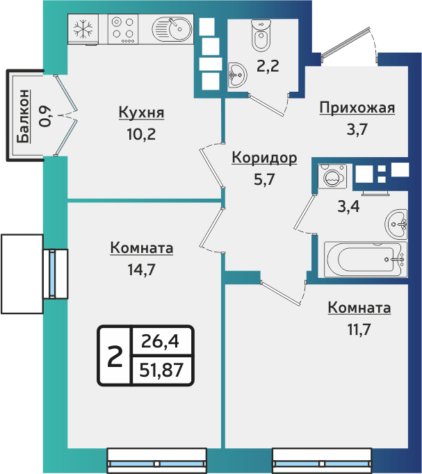 2-комнатная 51 м2 в ЖК ARTNOVA корпус null этаж 2