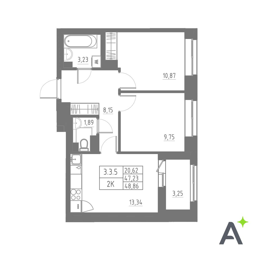 2-комнатная 48 м2 в ЖК Аквилон Солар корпус null этаж 6
