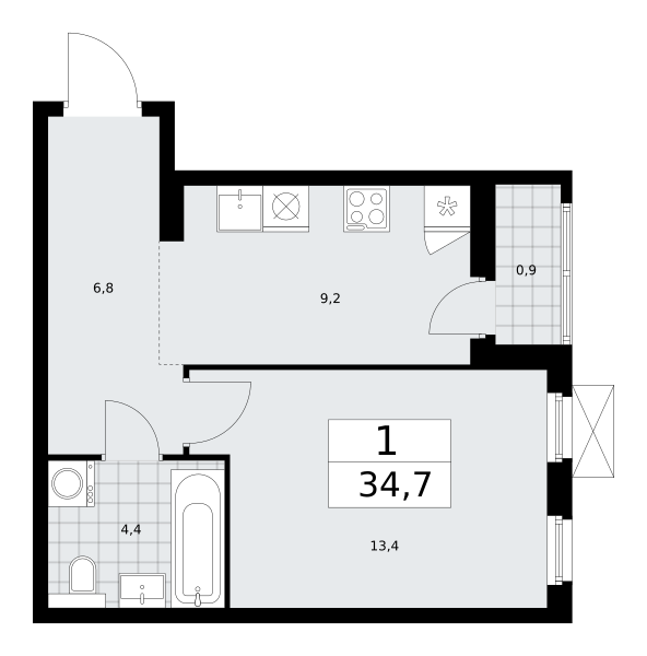 1-комнатная 34 м2 в ЖК Бунинские кварталы корпус null этаж 9