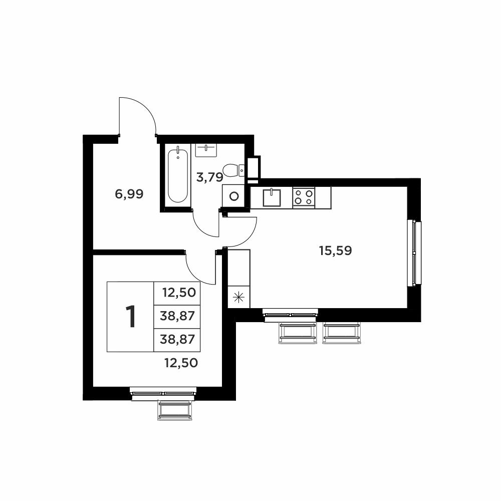 1-комнатная 38 м2 в ЖК Соседи корпус null этаж 3