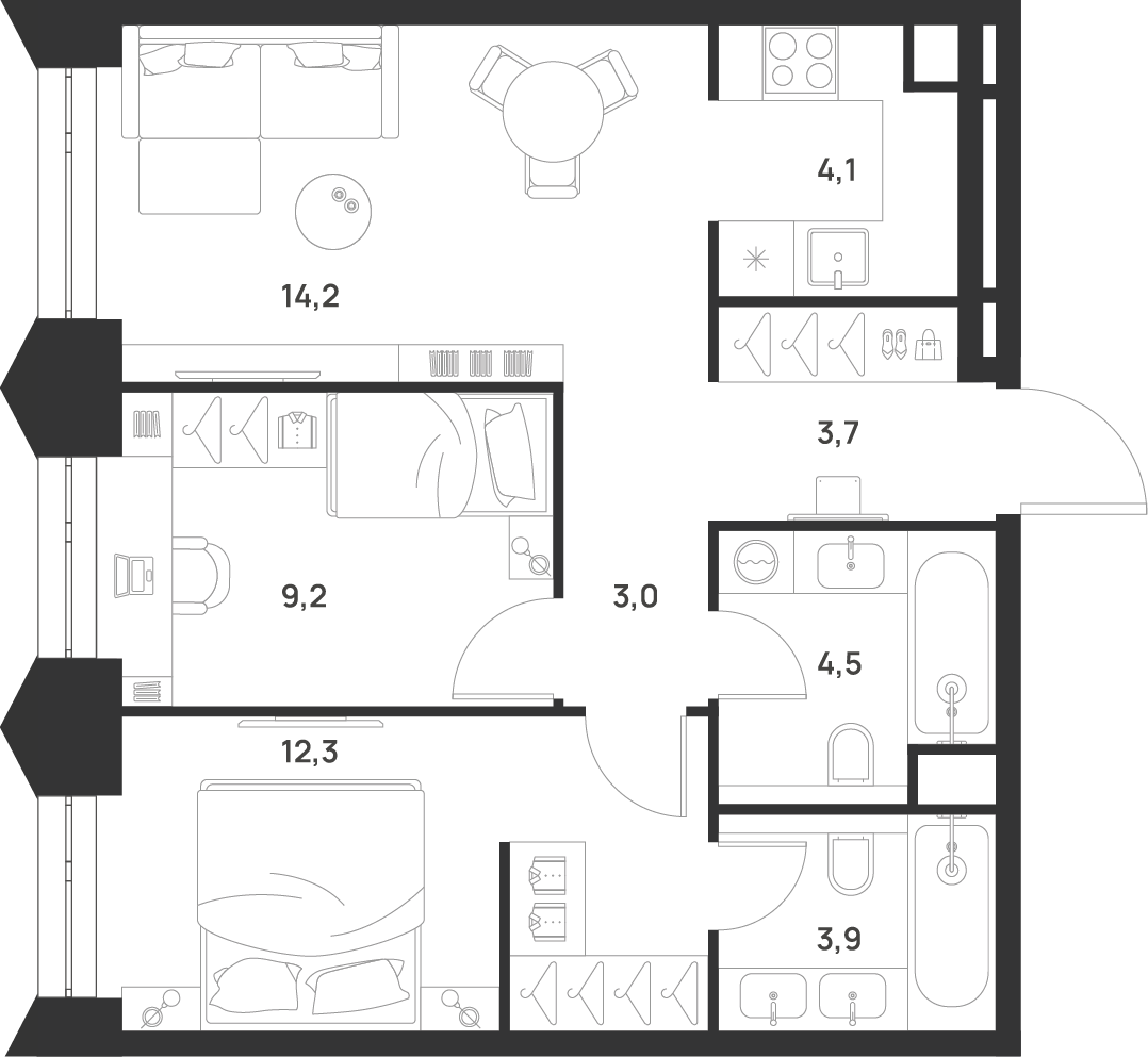 2-комнатная 54 м2 в ЖК Voice Towers корпус null этаж 35