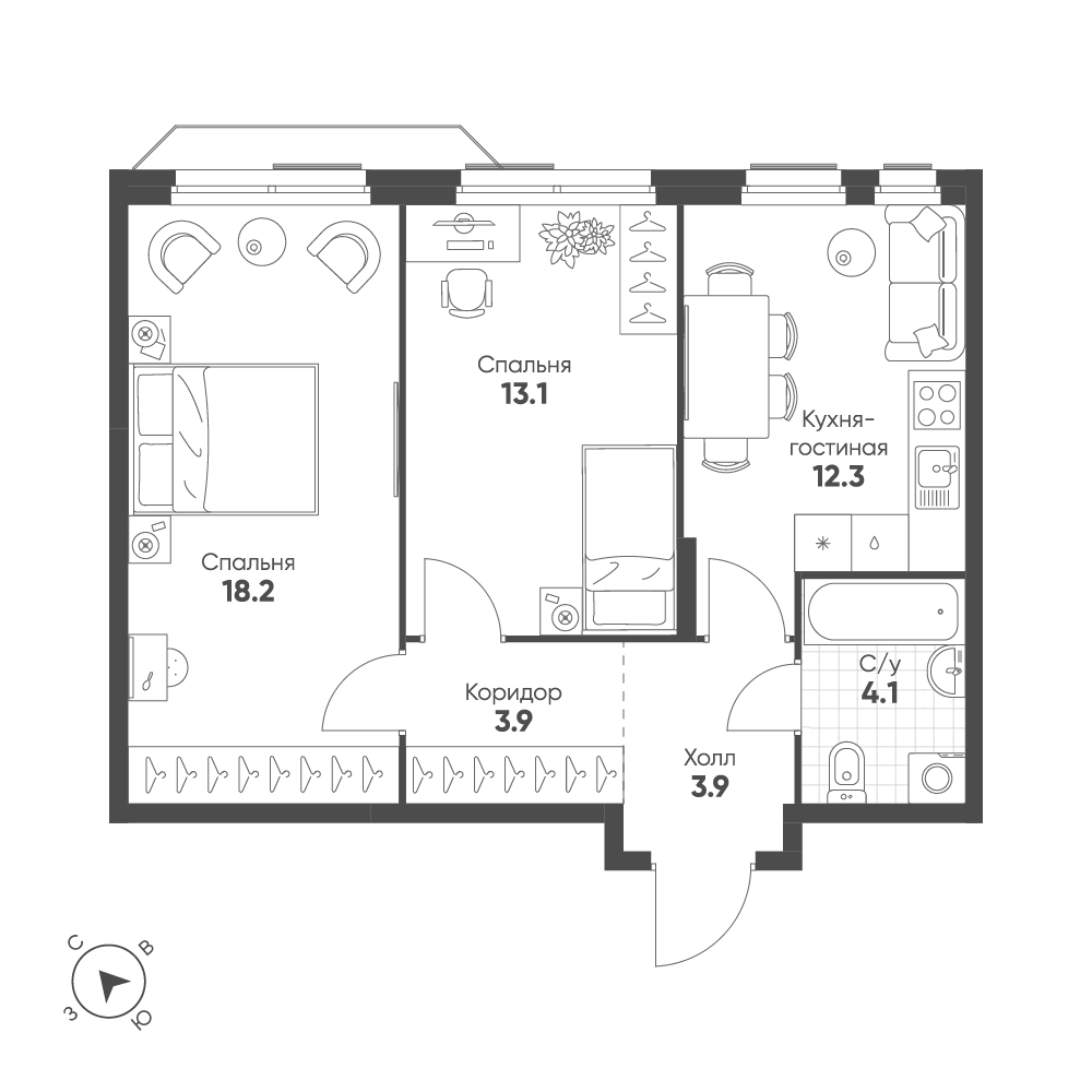 2-комнатная 55 м2 в ЖК Shagal корпус null этаж 4