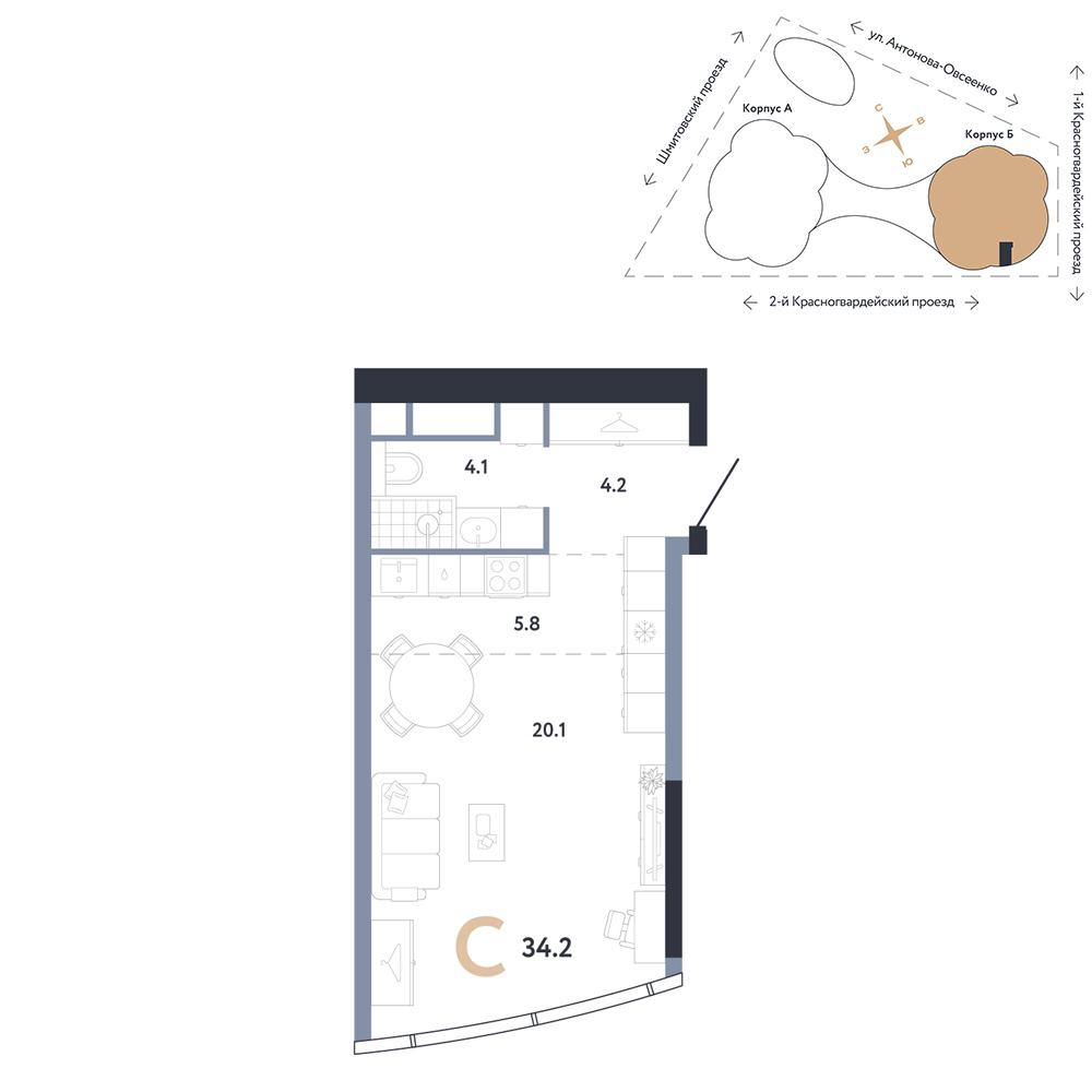 Студия 34 м2 в ЖК АУРУС Резиденции корпус null этаж 24