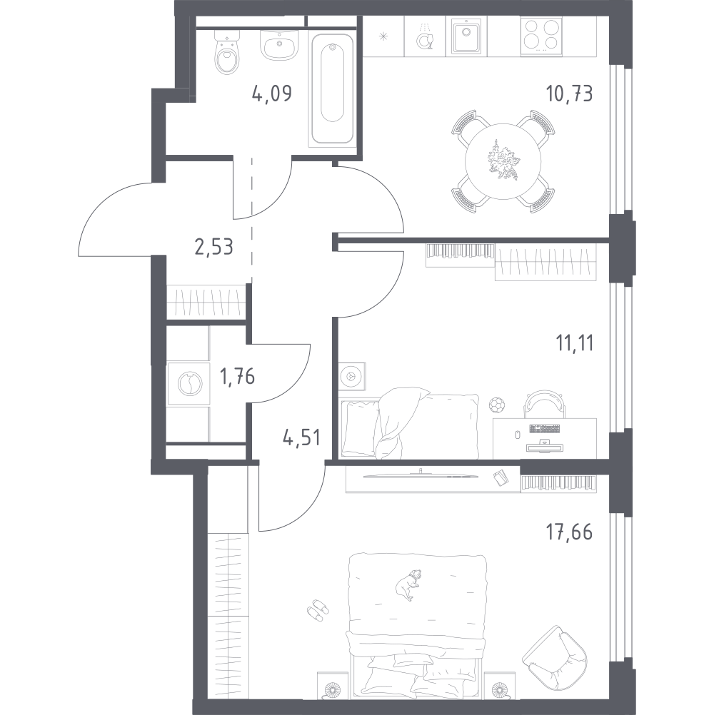 2-комнатная 52 м2 в ЖК Космический Квартал корпус null этаж 15