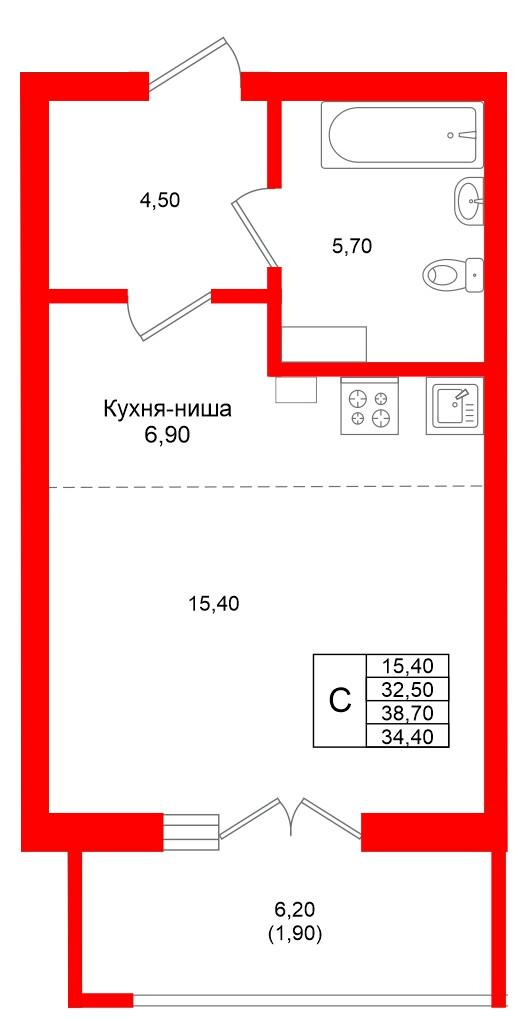 Студия 34 м2 в ЖК Фридланд корпус null этаж 2