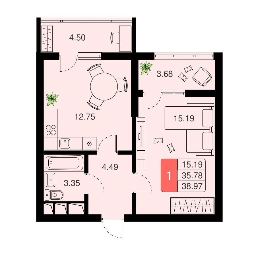 1-комнатная 38 м2 в ЖК Химки Тайм корпус null этаж 14