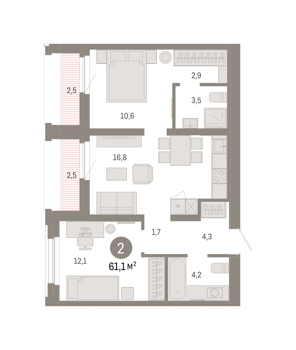 2-комнатная 61 м2 в ЖК Зарека корпус null этаж 6