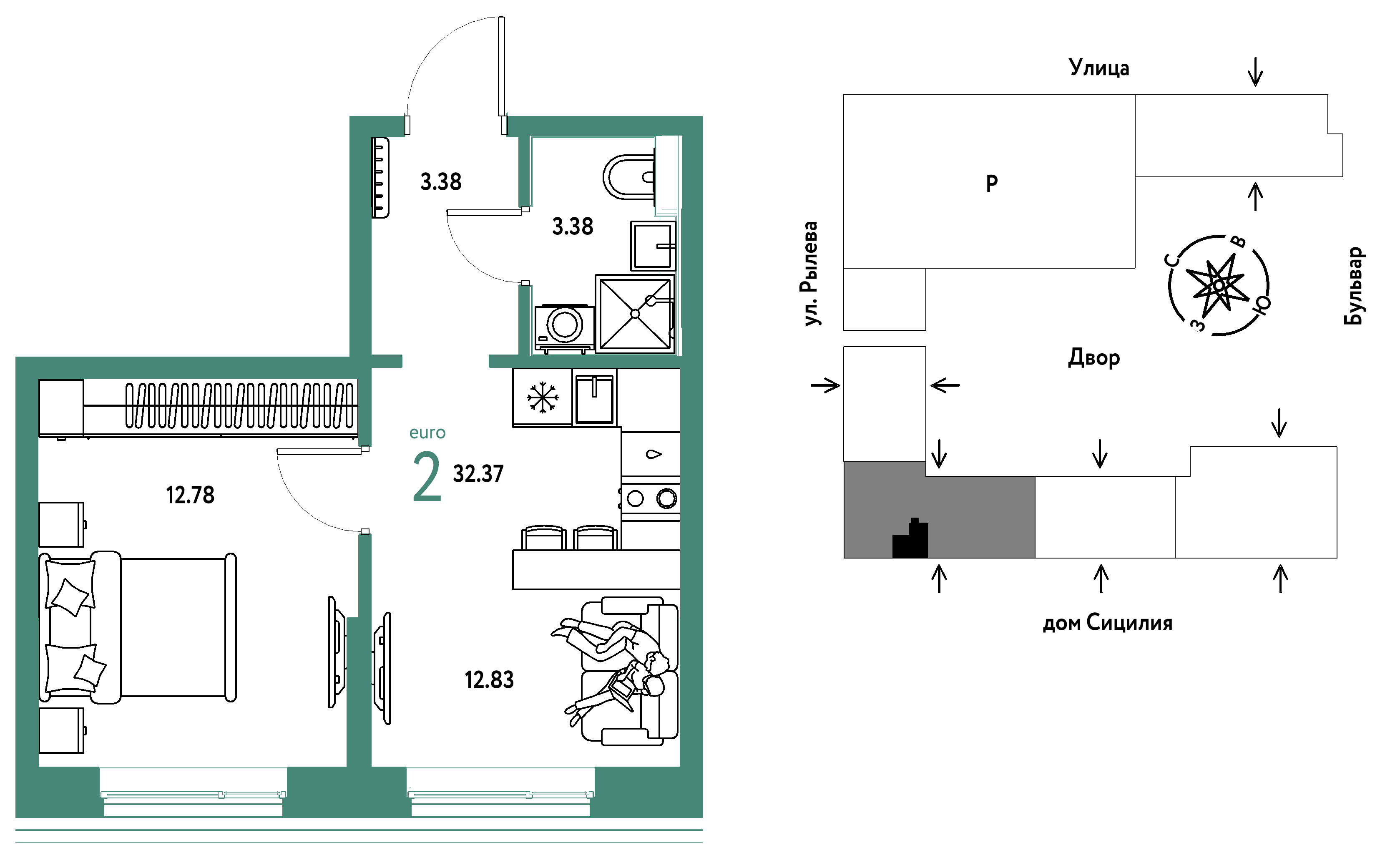 2-комнатная 32 м2 в ЖК Остров-сад корпус null этаж 3