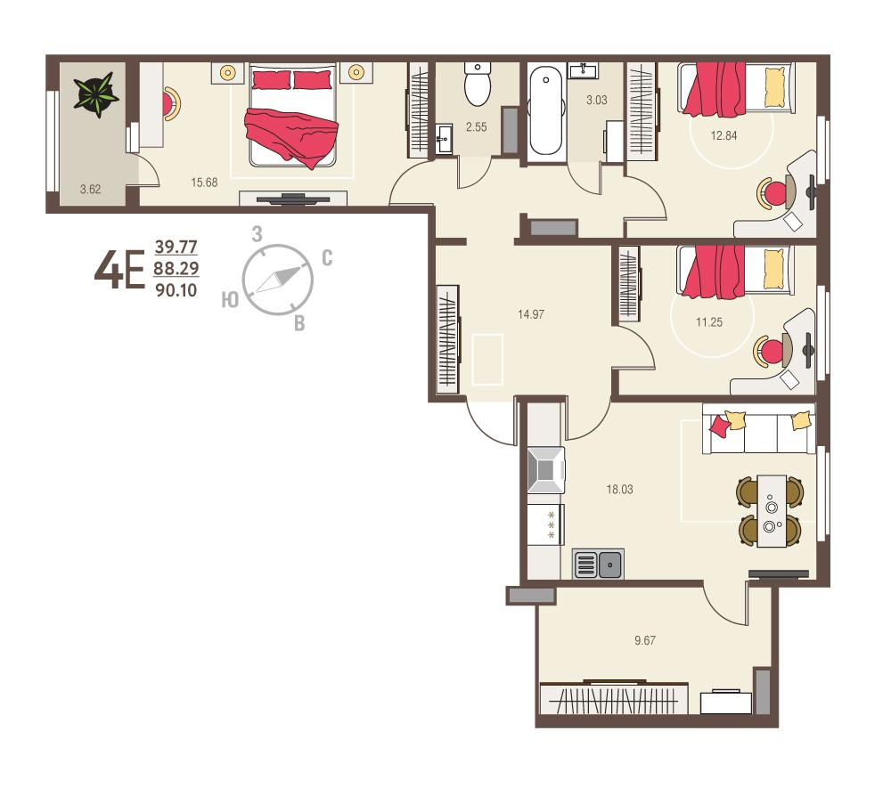 3-комнатная 90.1 м2 в ЖК undefined корпус null этаж 8