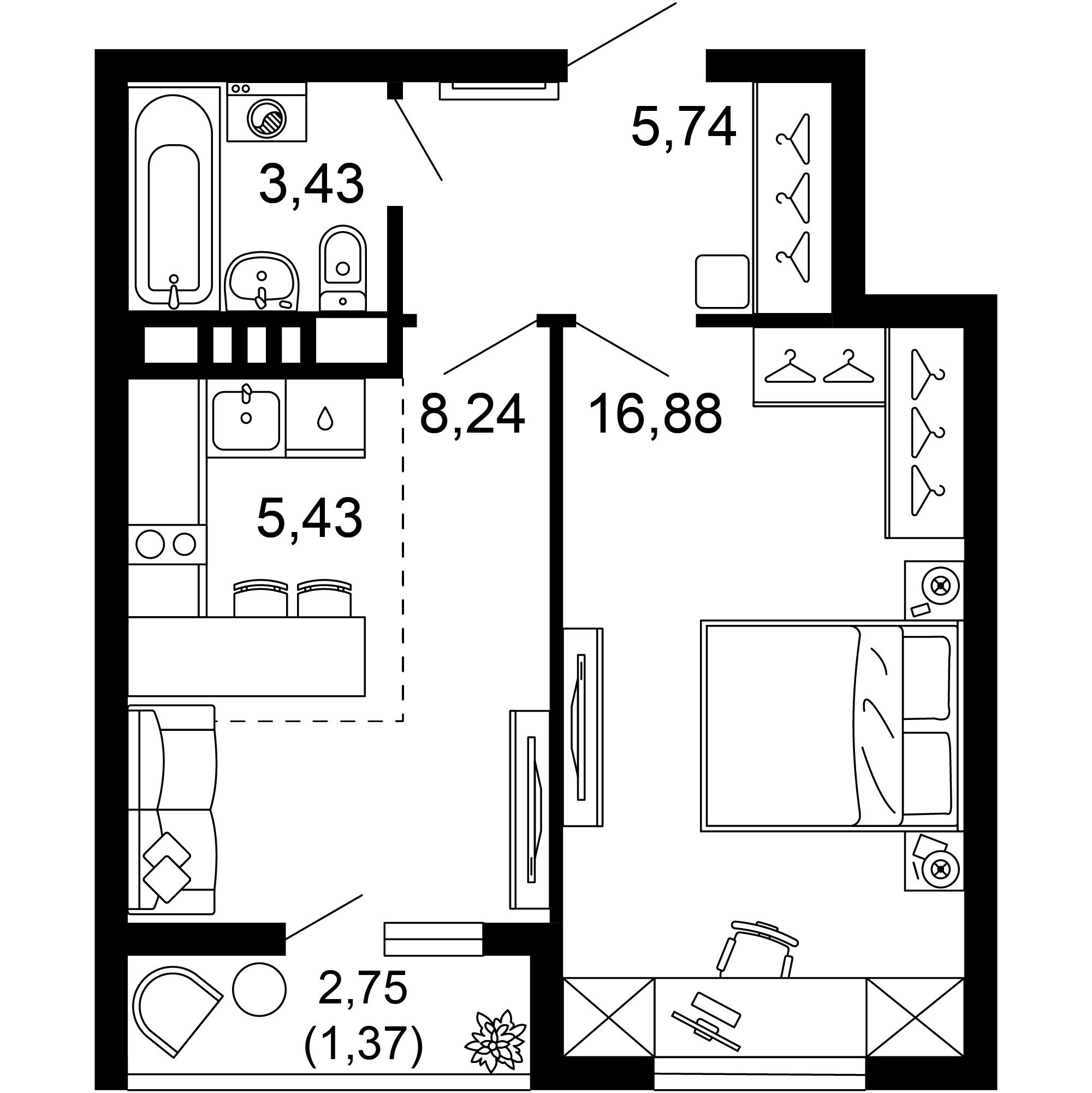2-комнатная 41 м2 в ЖК 1799 корпус null этаж 7