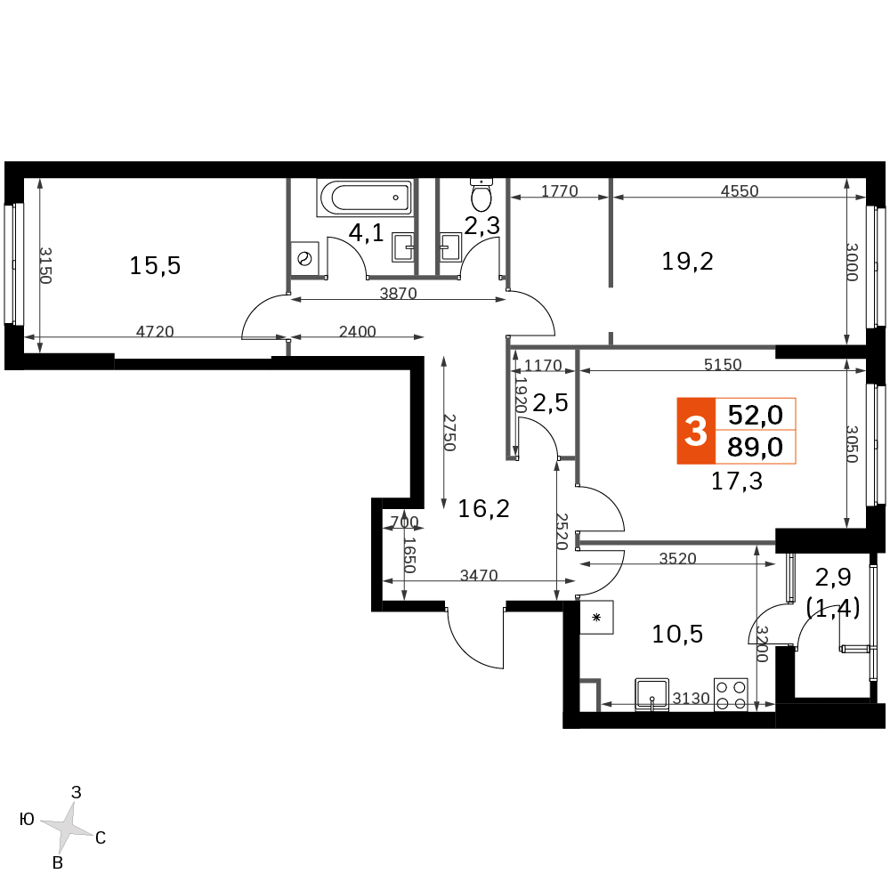 3-комнатная 89 м2 в ЖК Sky Garden корпус null этаж 15