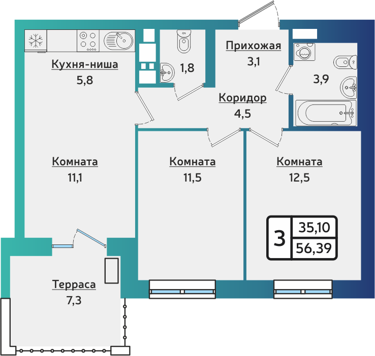3-комнатная 56 м2 в ЖК ARTNOVA корпус null этаж 1
