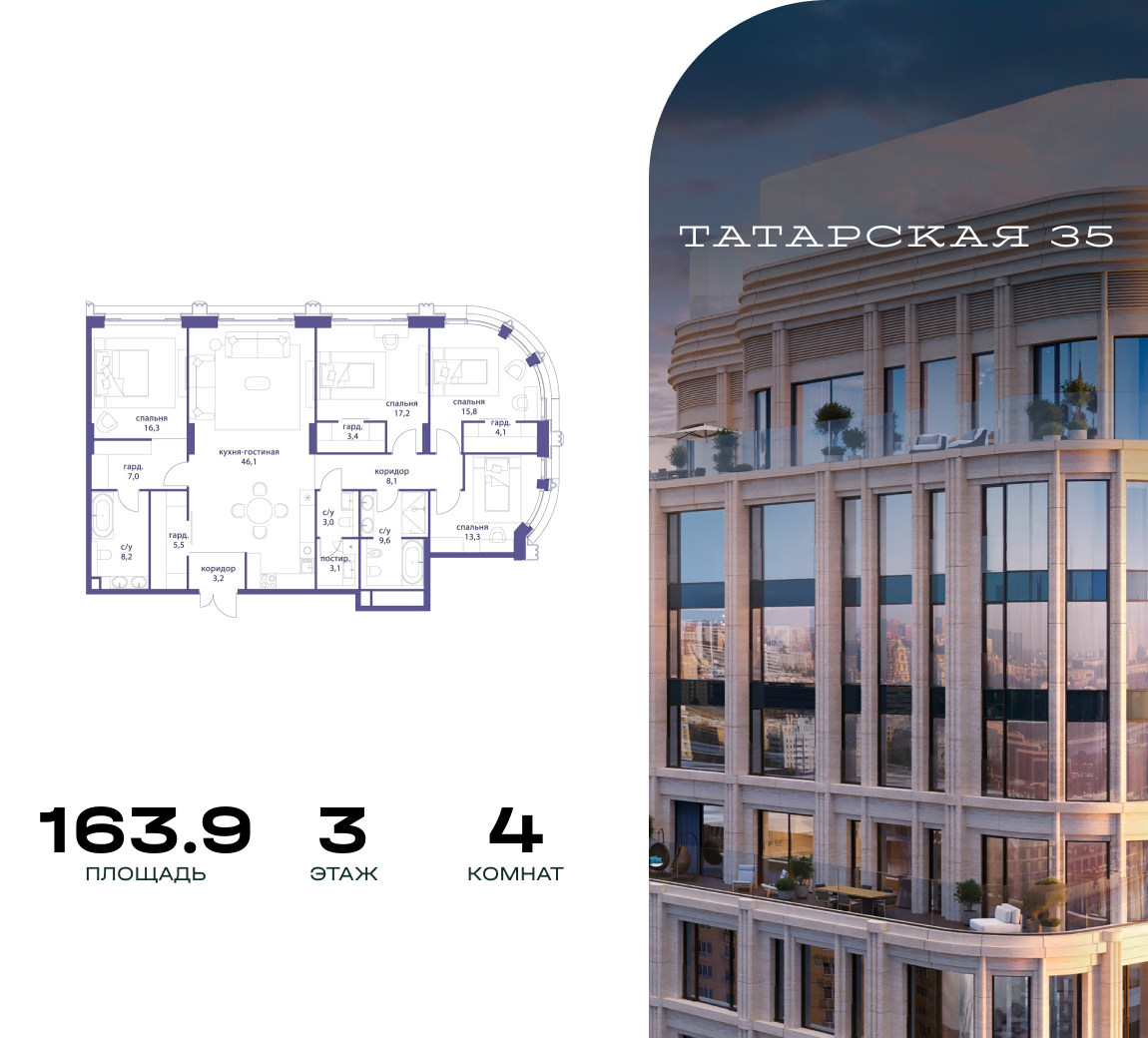 4-комнатная 163 м2 в ЖК Татарская 35 корпус null этаж 3