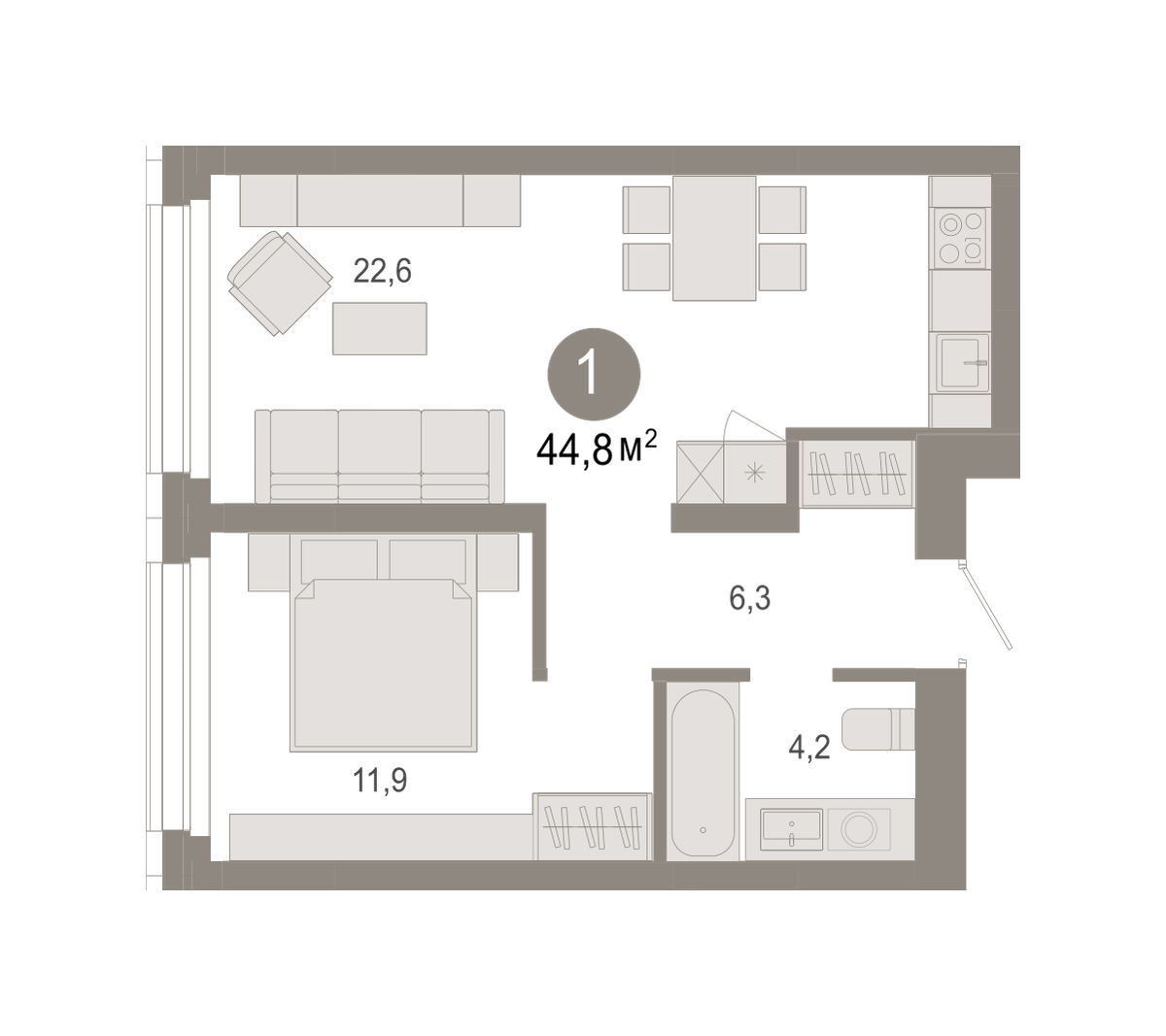 1-комнатная 44 м2 в ЖК Квартал Нефть корпус null этаж 2