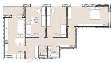 3-комнатная 91.6 м2 в ЖК undefined корпус null этаж 9
