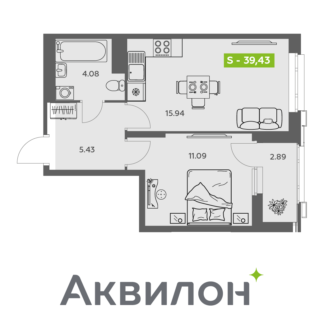 Студия 39 м2 в ЖК Аквилон АКВАРТАЛ корпус null этаж 11