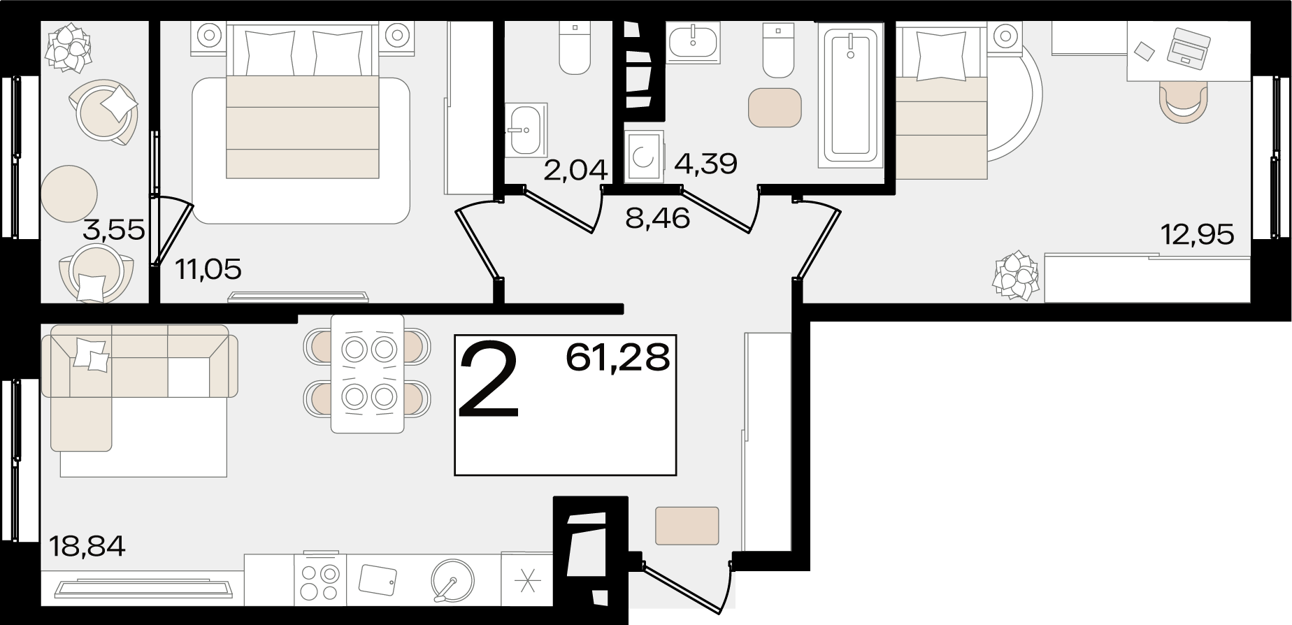 2-комнатная 61 м2 в ЖК Патрики корпус null этаж 5