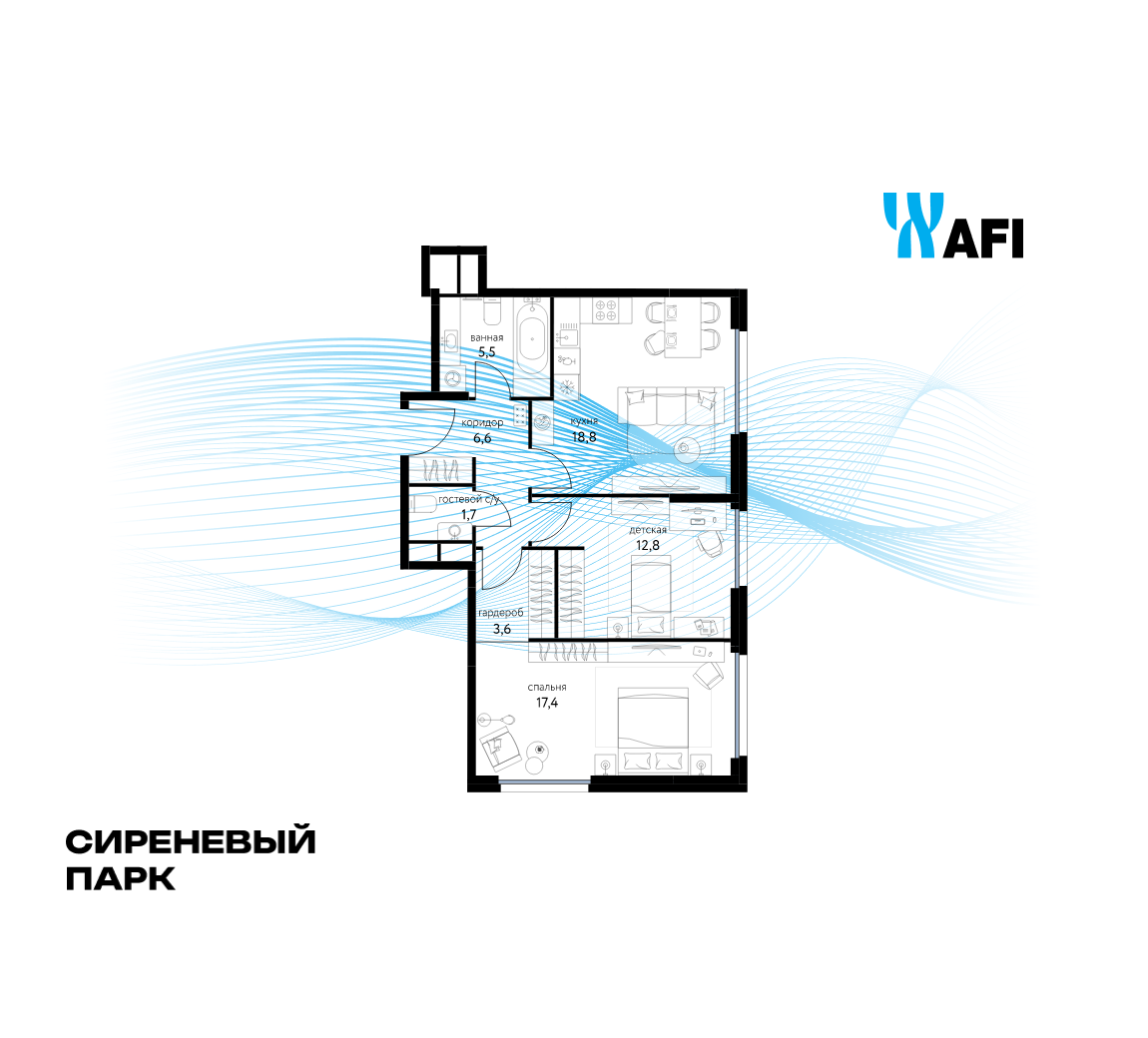 2-комнатная 66 м2 в ЖК Сиреневый парк корпус null этаж 24