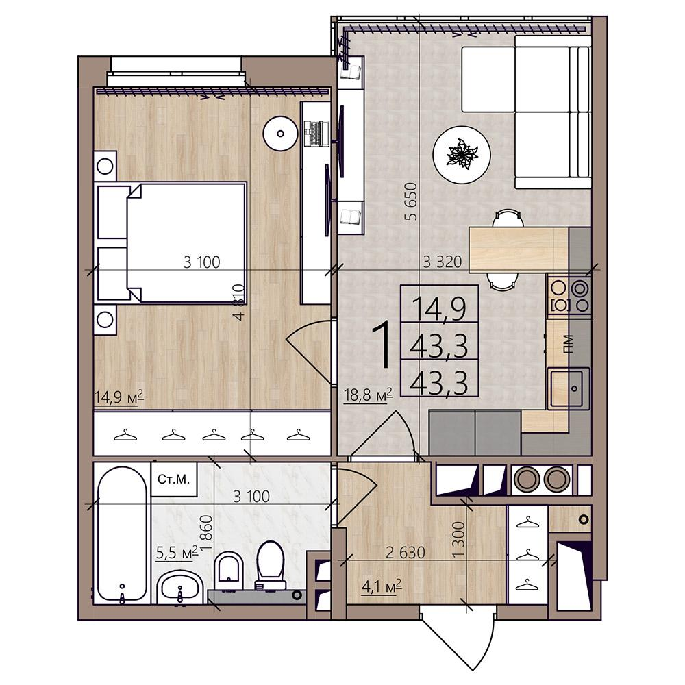 1-комнатная 43 м2 в ЖК Окская стрелка корпус null этаж 5
