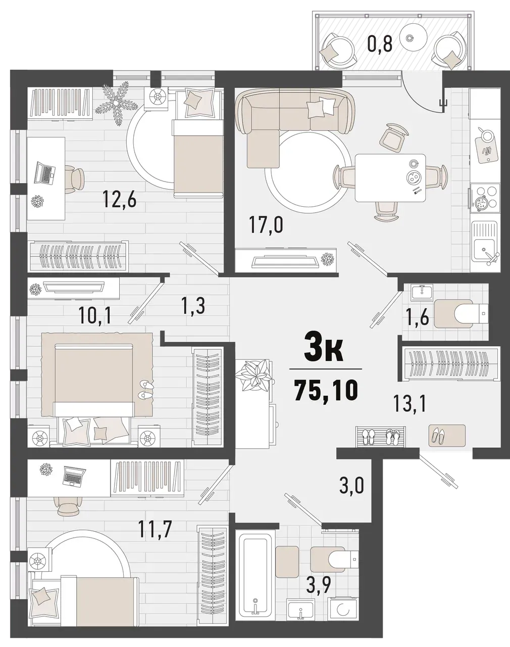 3-комнатная 74 м2 в ЖК Барса корпус null этаж 24