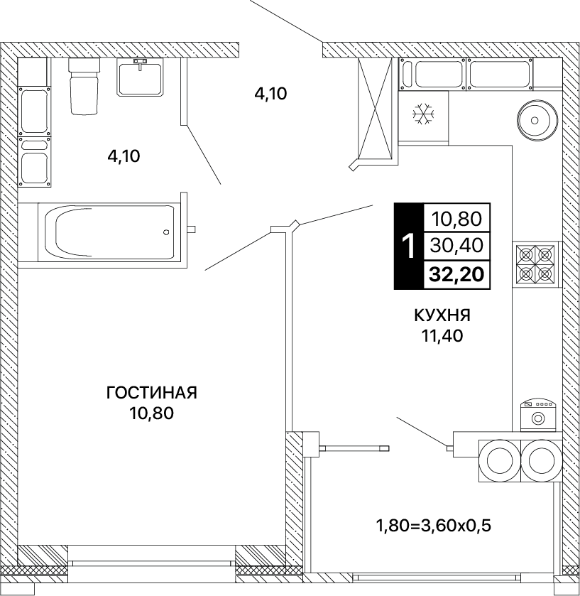 1-комнатная 32 м2 в ЖК Сияние корпус null этаж 15