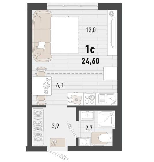Студия 24.6 м2 в ЖК undefined корпус null этаж 2