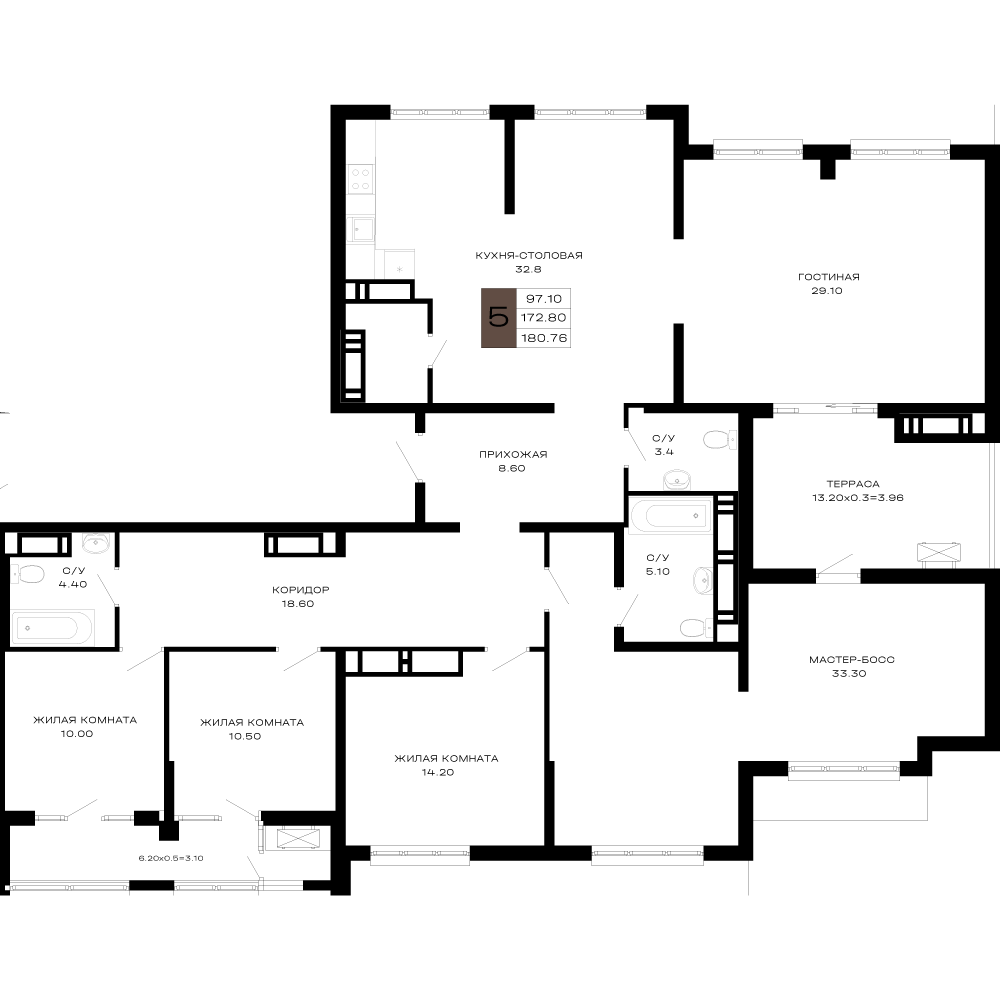 5-комнатная 180 м2 в ЖК Сердце корпус null этаж 17
