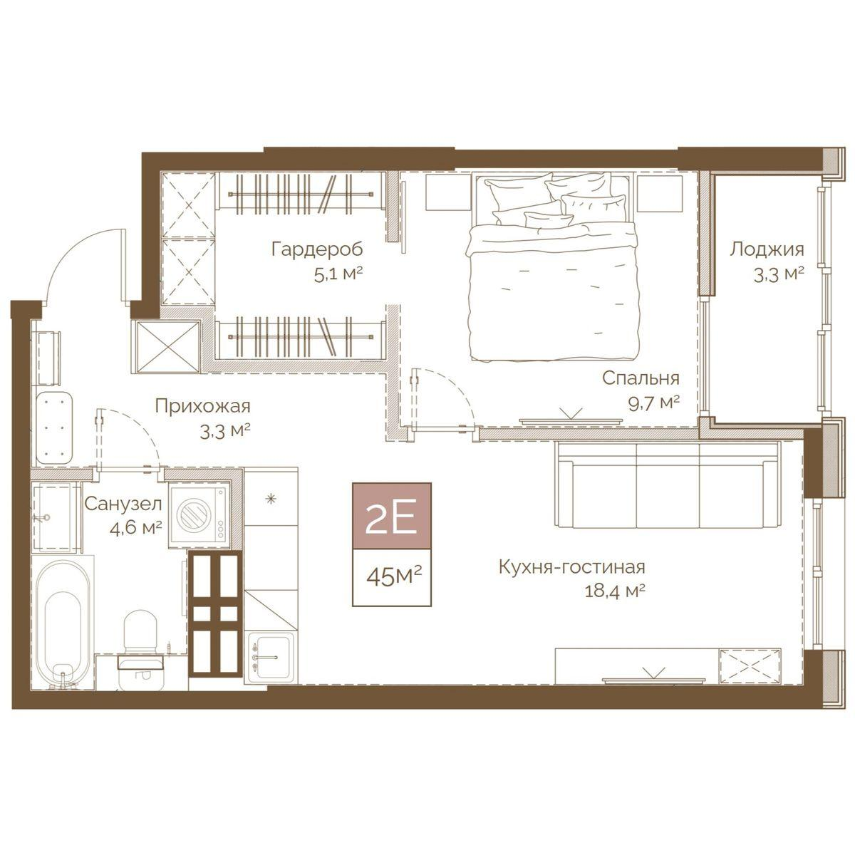 2-комнатная 44 м2 в ЖК Днепровский корпус null этаж 15