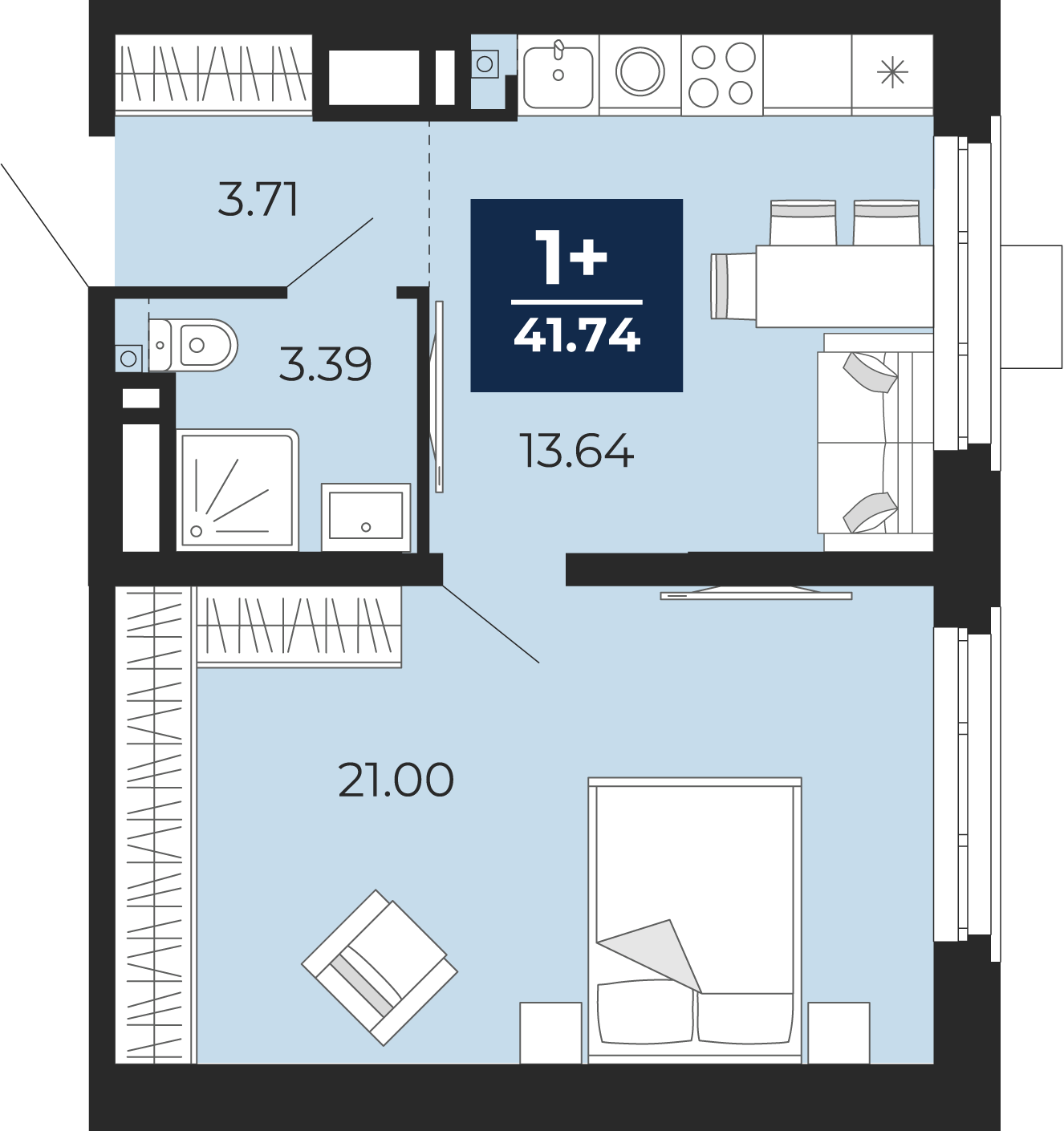 1-комнатная 41 м2 в ЖК Айвазовский корпус null этаж 6