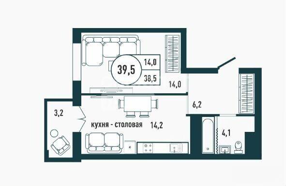 1-комнатная 39.5 м2 в ЖК undefined корпус null этаж 22