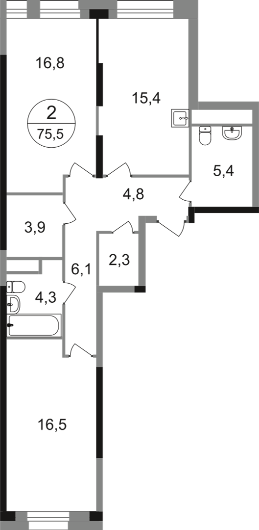 2-комнатная 75 м2 в ЖК Первый Московский корпус null этаж 19