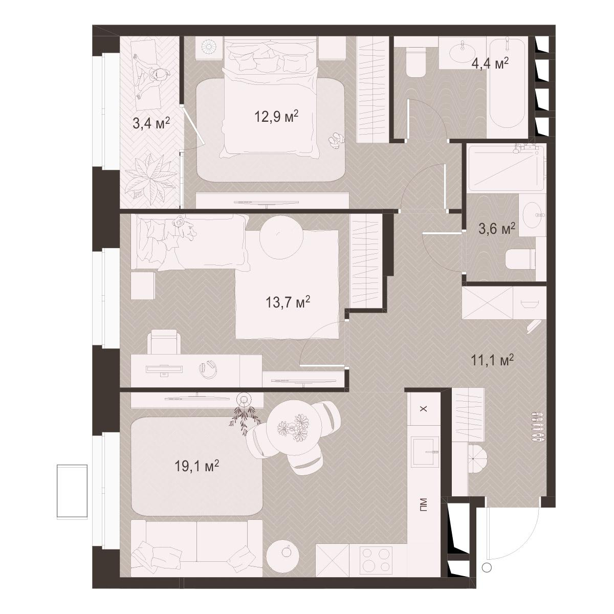 2-комнатная 68 м2 в ЖК Гранд Комфорт-3 корпус null этаж 13