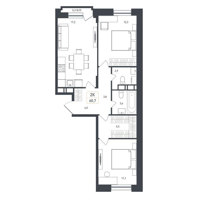 2-комнатная 62 м2 в ЖК Новая Щербинка корпус null этаж 7