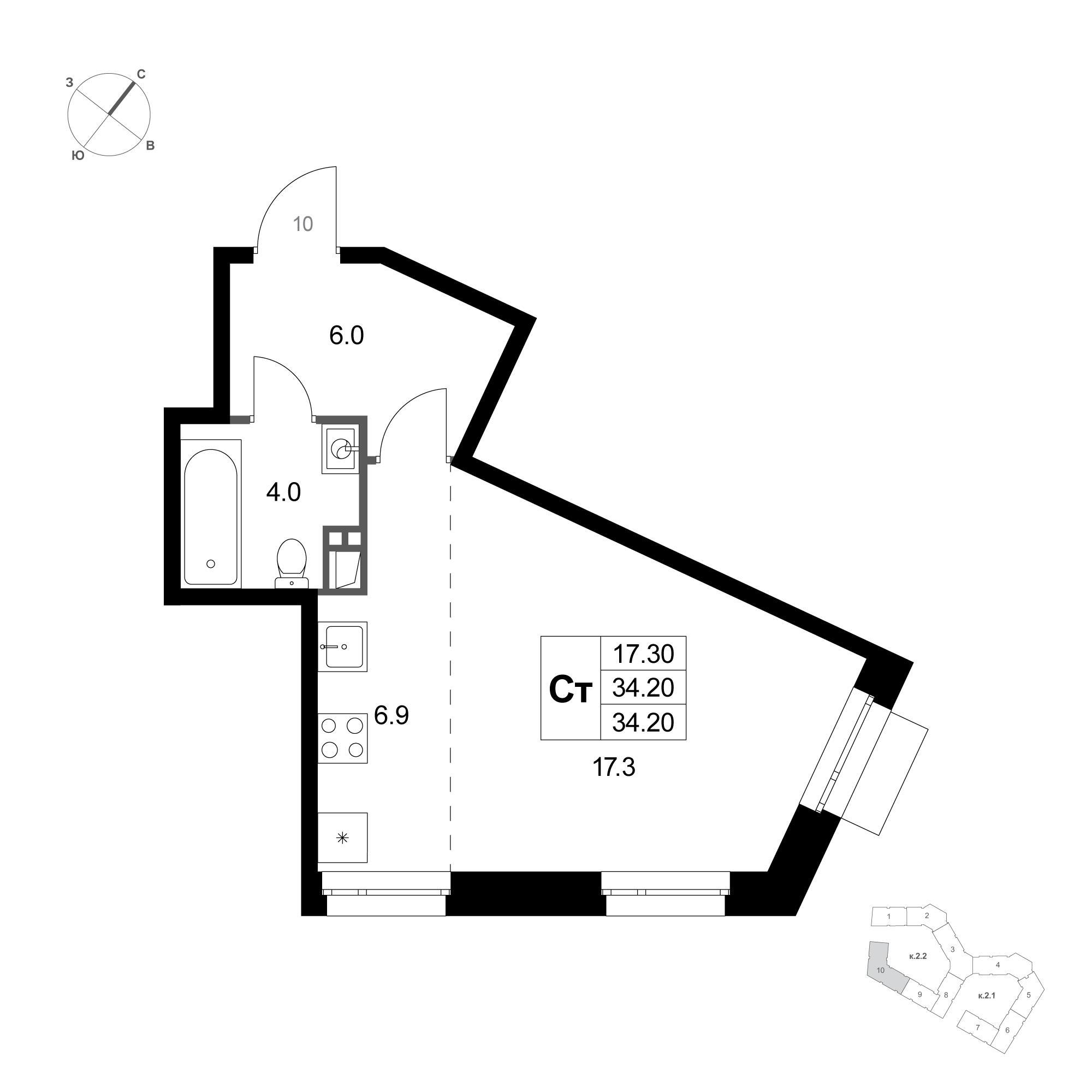 Студия 34 м2 в ЖК Кореневский Форт 2.3 корпус null этаж 1