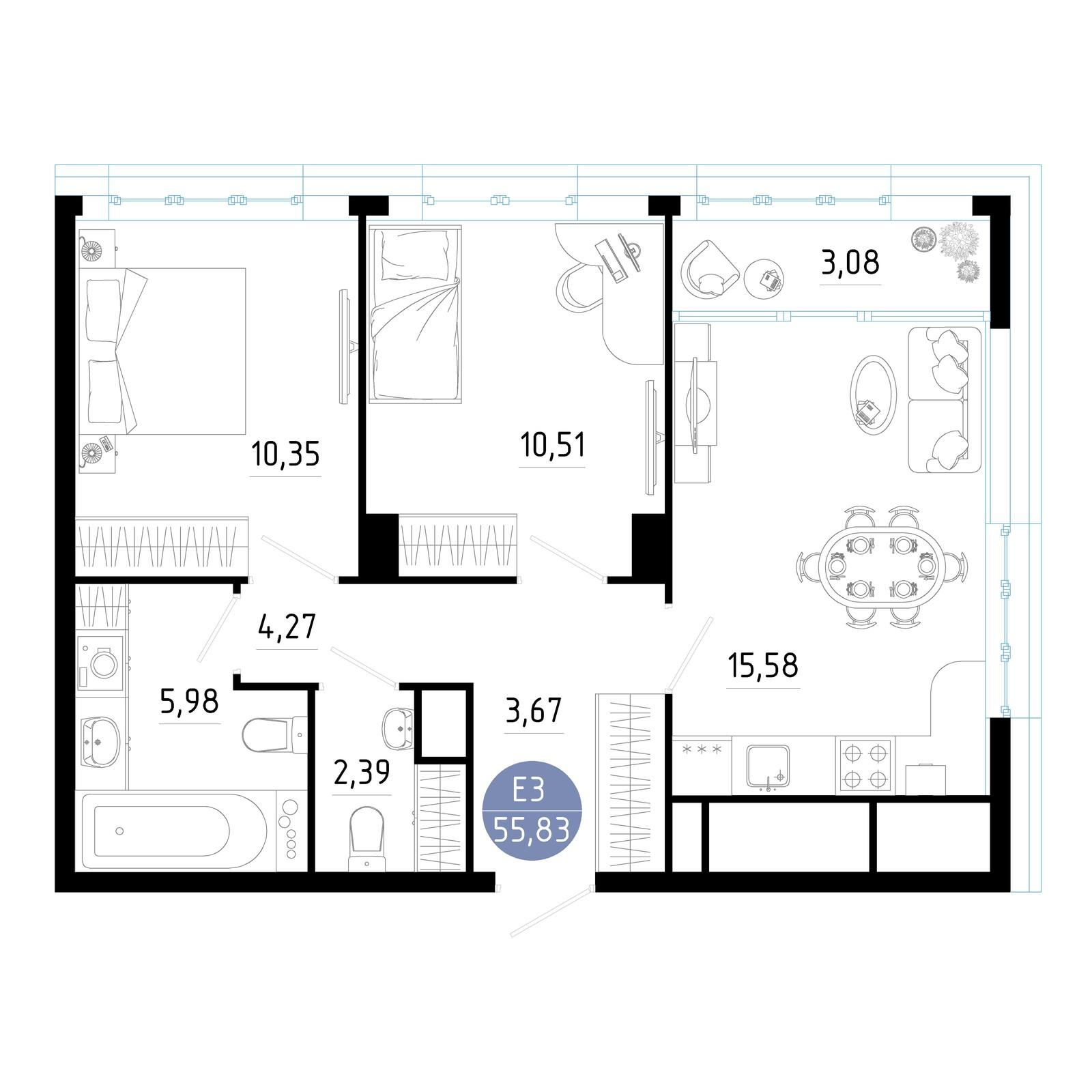 2-комнатная 55 м2 в ЖК Роща корпус null этаж 15