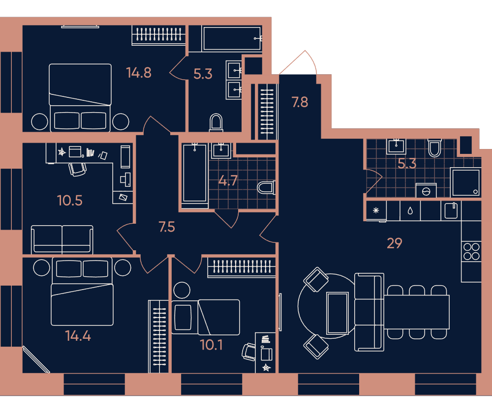 5-комнатная 109 м2 в ЖК ЭРА / Дербеневская 20 корпус null этаж 39