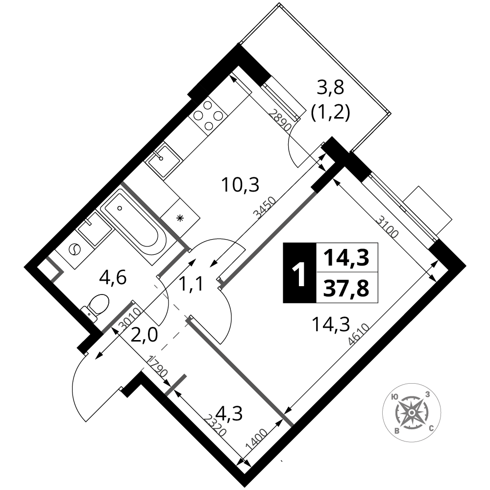 1-комнатная 37 м2 в ЖК 1-й Шереметьевский корпус null этаж 2