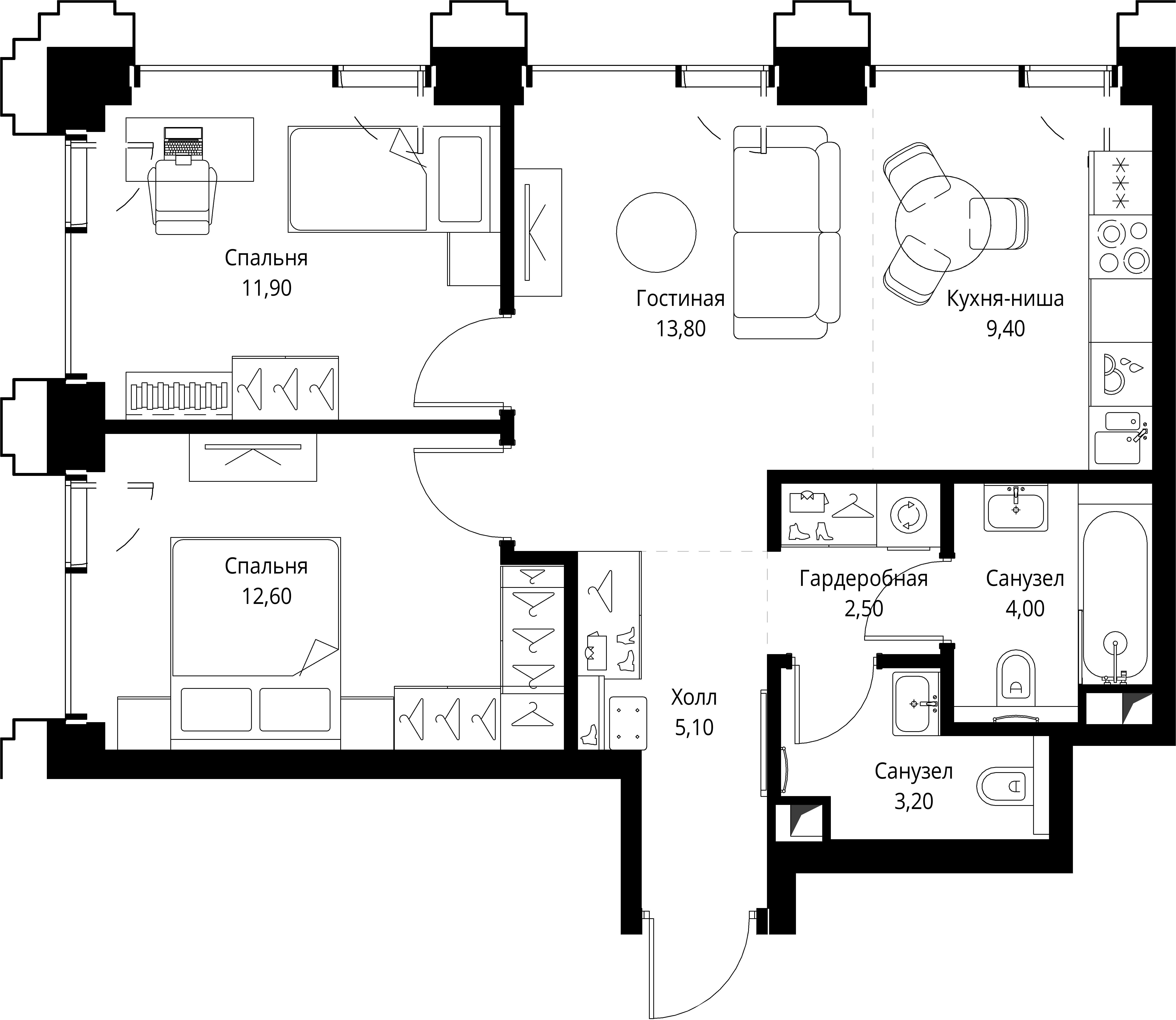 2-комнатная 62 м2 в ЖК СЕТ корпус null этаж 13