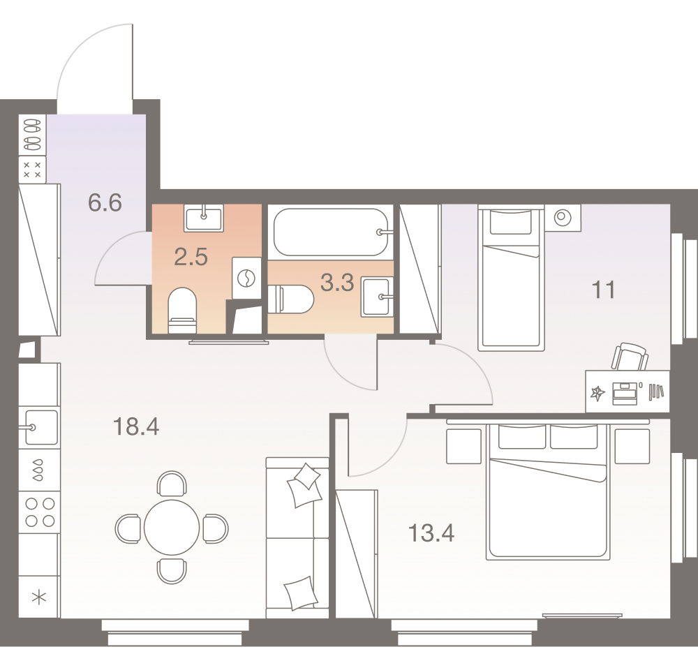 3-комнатная 55 м2 в ЖК Твелв корпус null этаж 14