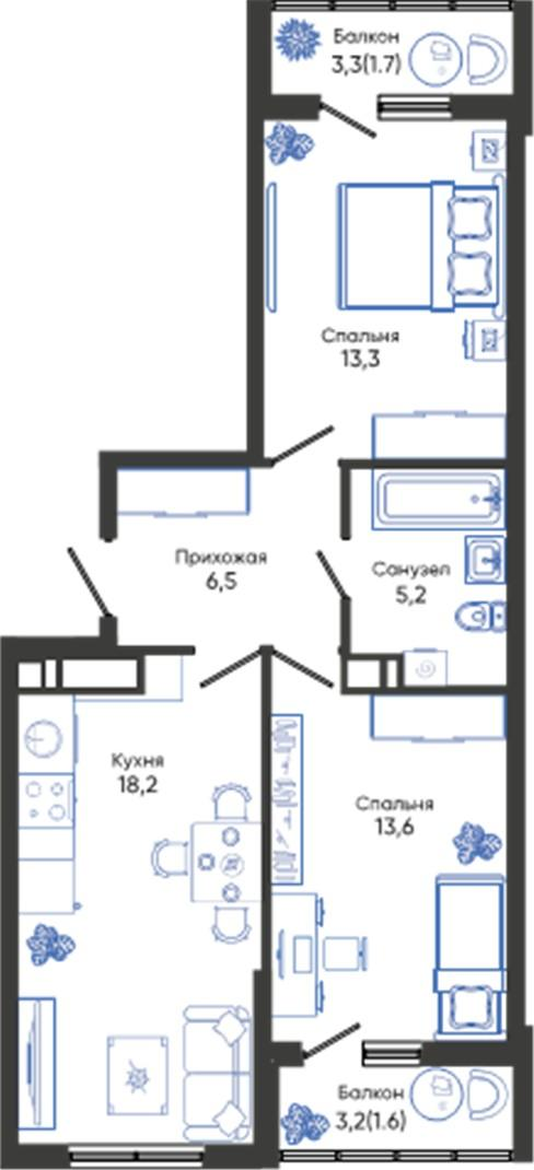 2-комнатная 60 м2 в ЖК Облака корпус null этаж 13
