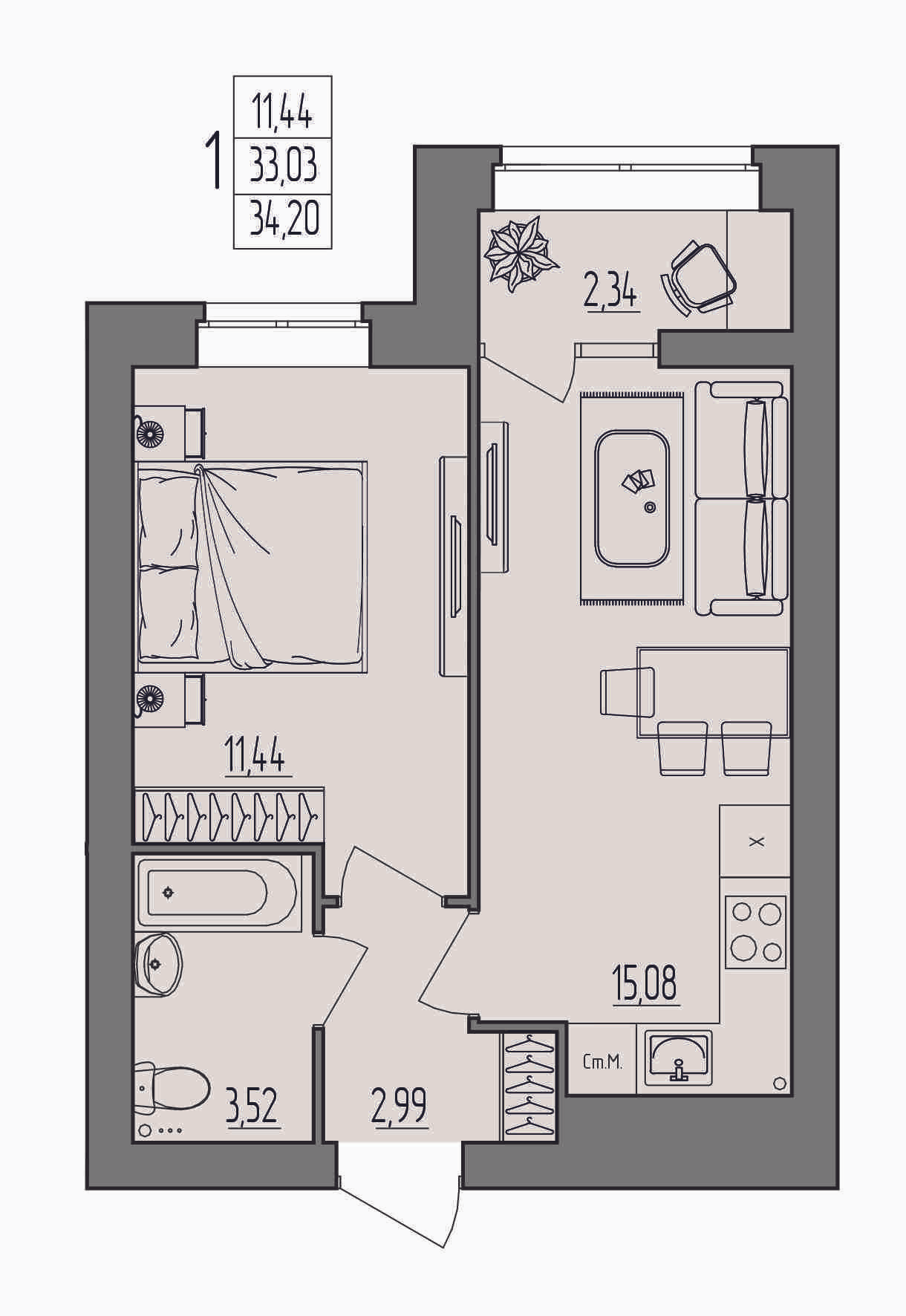 1-комнатная 34 м2 в ЖК Герои поколений корпус null этаж 3