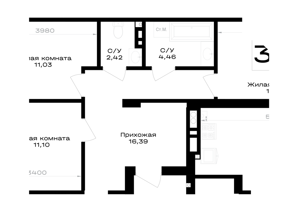 1-комнатная 40 м2 в ЖК Включи корпус null этаж 6