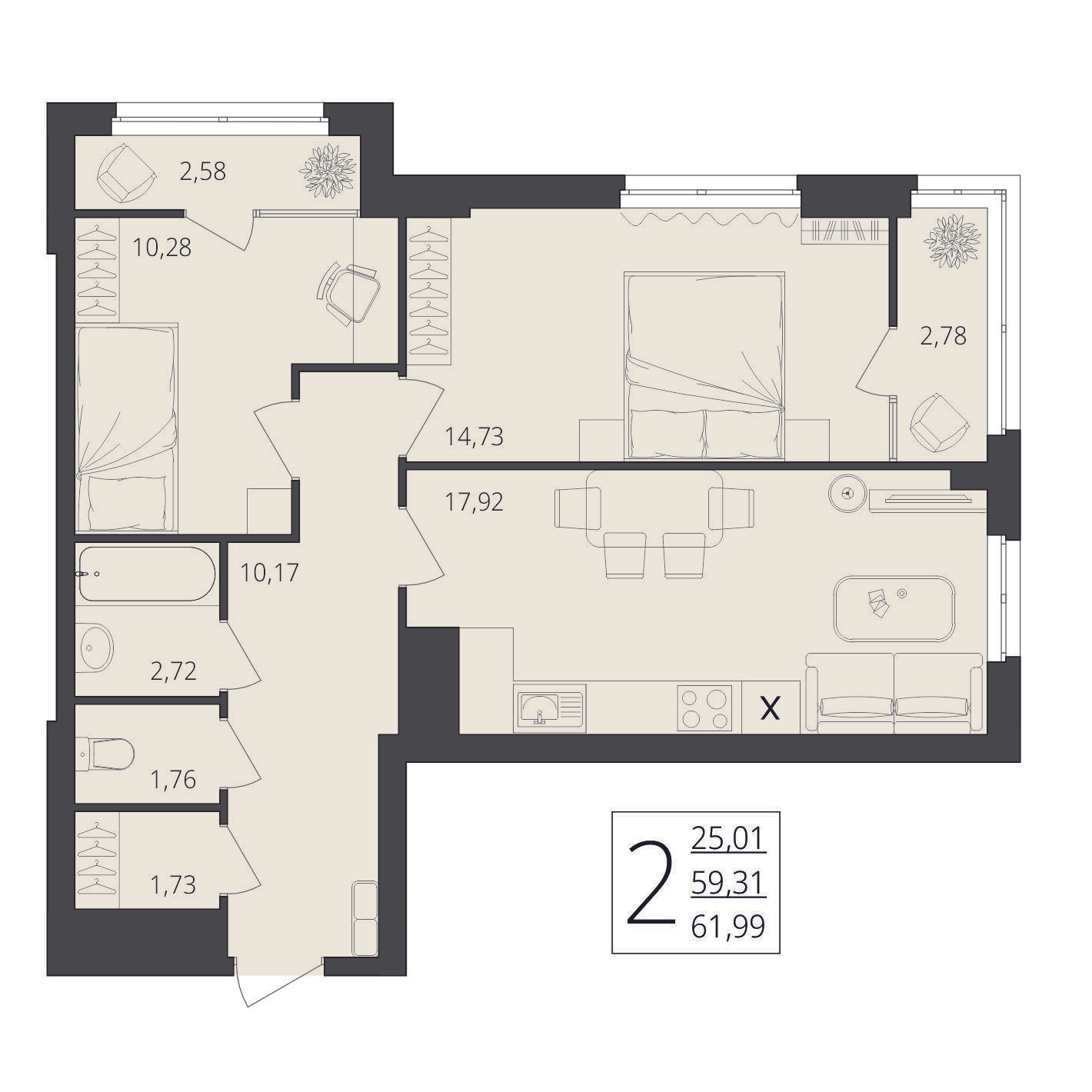 2-комнатная 61 м2 в ЖК Берег Волги корпус null этаж 15