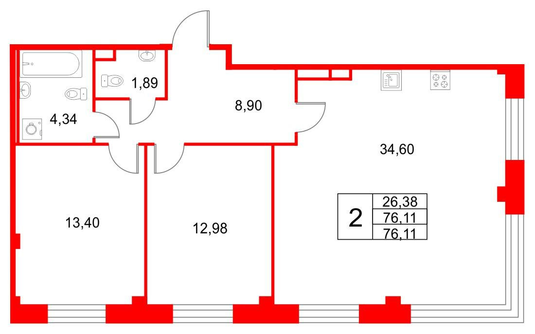 2-комнатная 78 м2 в ЖК Кронфорт. Центральный корпус null этаж 1