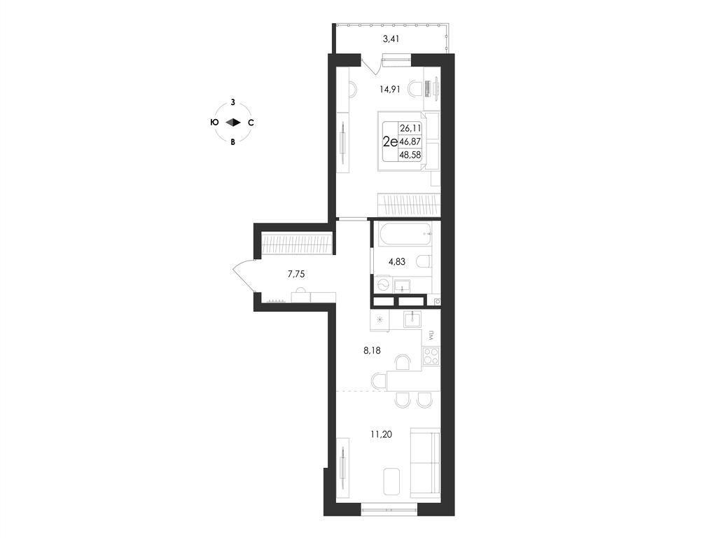 2-комнатная 48 м2 в ЖК Май корпус null этаж 14