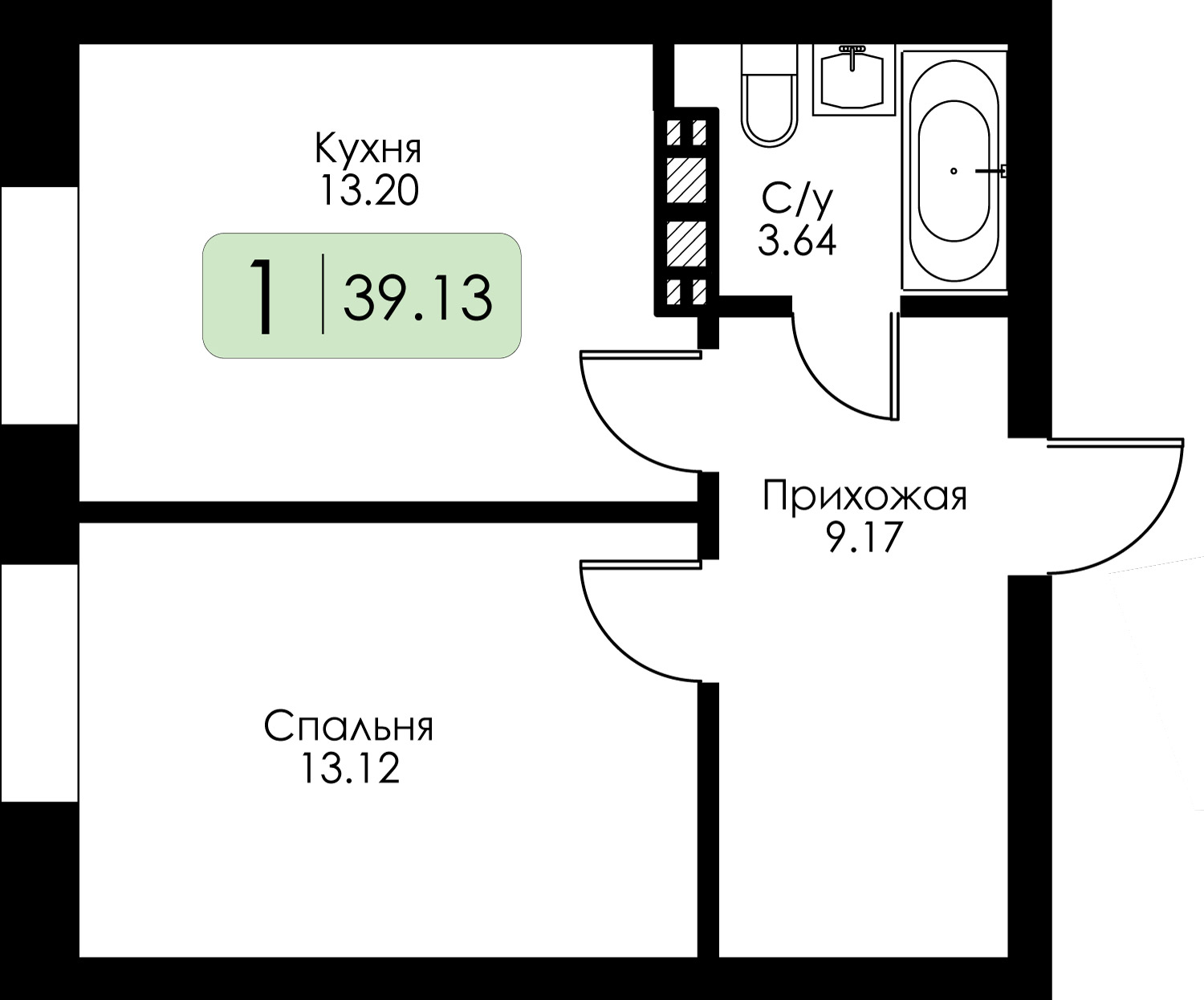 1-комнатная 39 м2 в ЖК Урбан Парк корпус null этаж 2