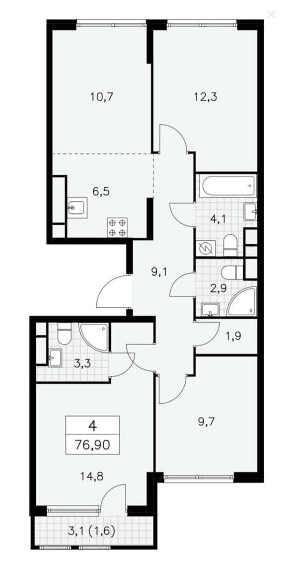 4-комнатная 76.9 м2 в ЖК undefined корпус null этаж 15