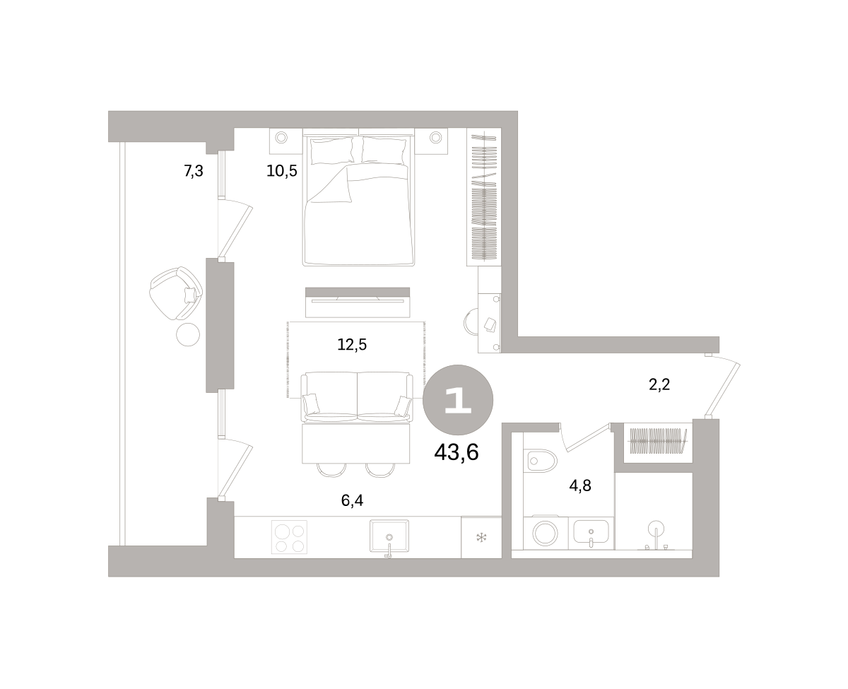 1-комнатная 43 м2 в ЖК Северный ветер корпус null этаж 4