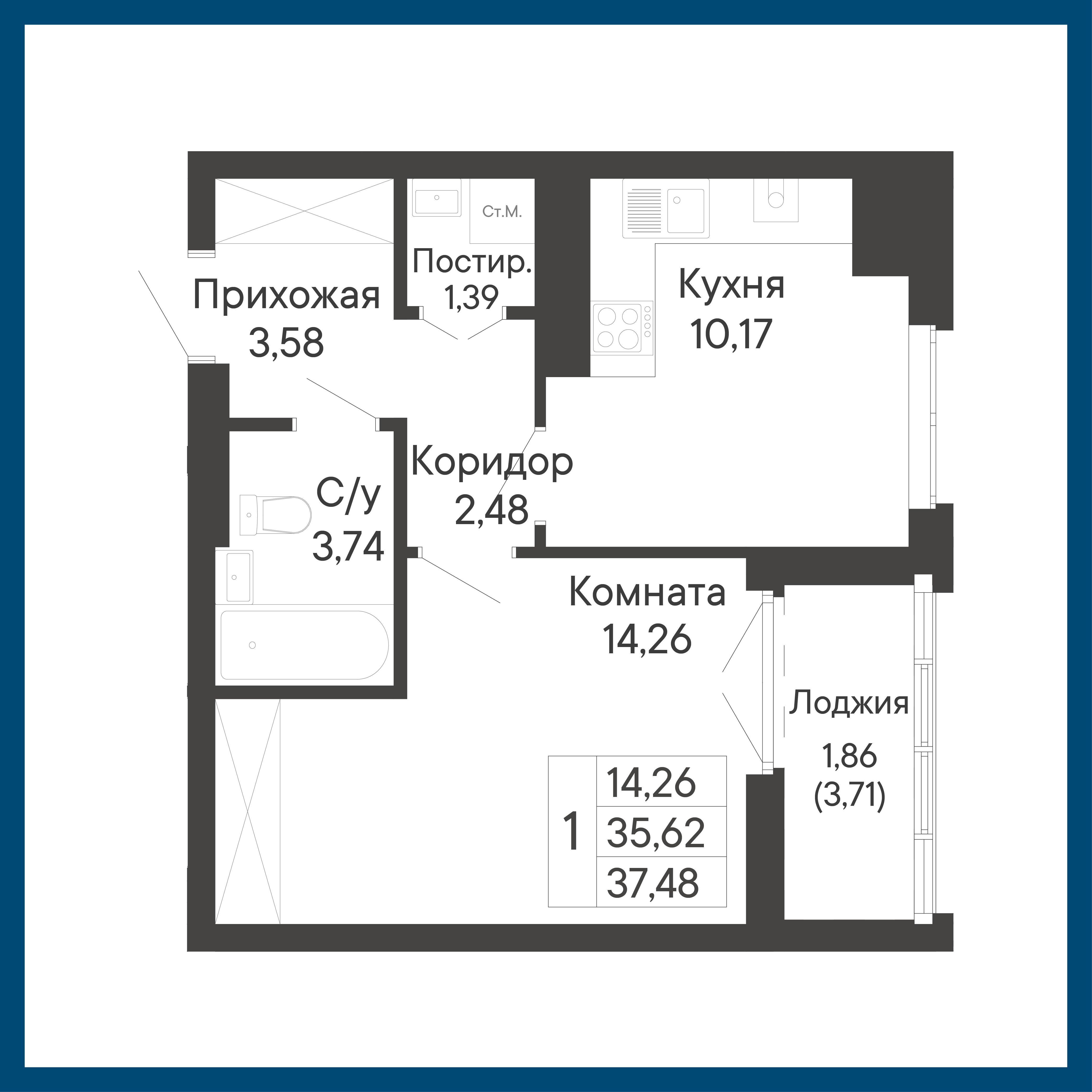 1-комнатная 37 м2 в ЖК Курортный квартал «Ривьера» корпус null этаж 3