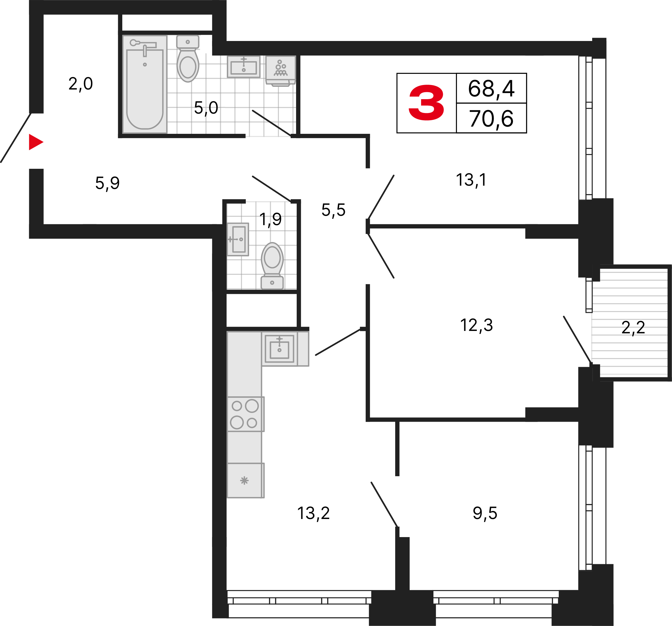 3-комнатная 70 м2 в ЖК Бестселлер корпус null этаж 9